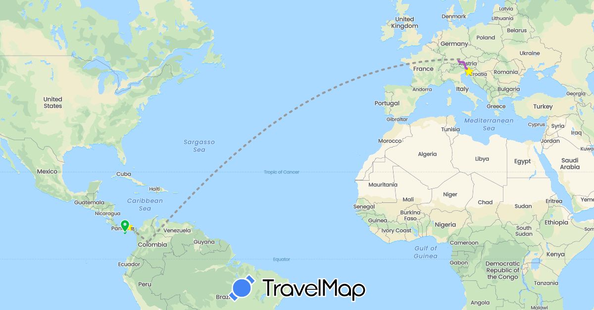TravelMap itinerary: driving, bus, plane, train in Colombia, Germany, Panama, Slovenia (Europe, North America, South America)